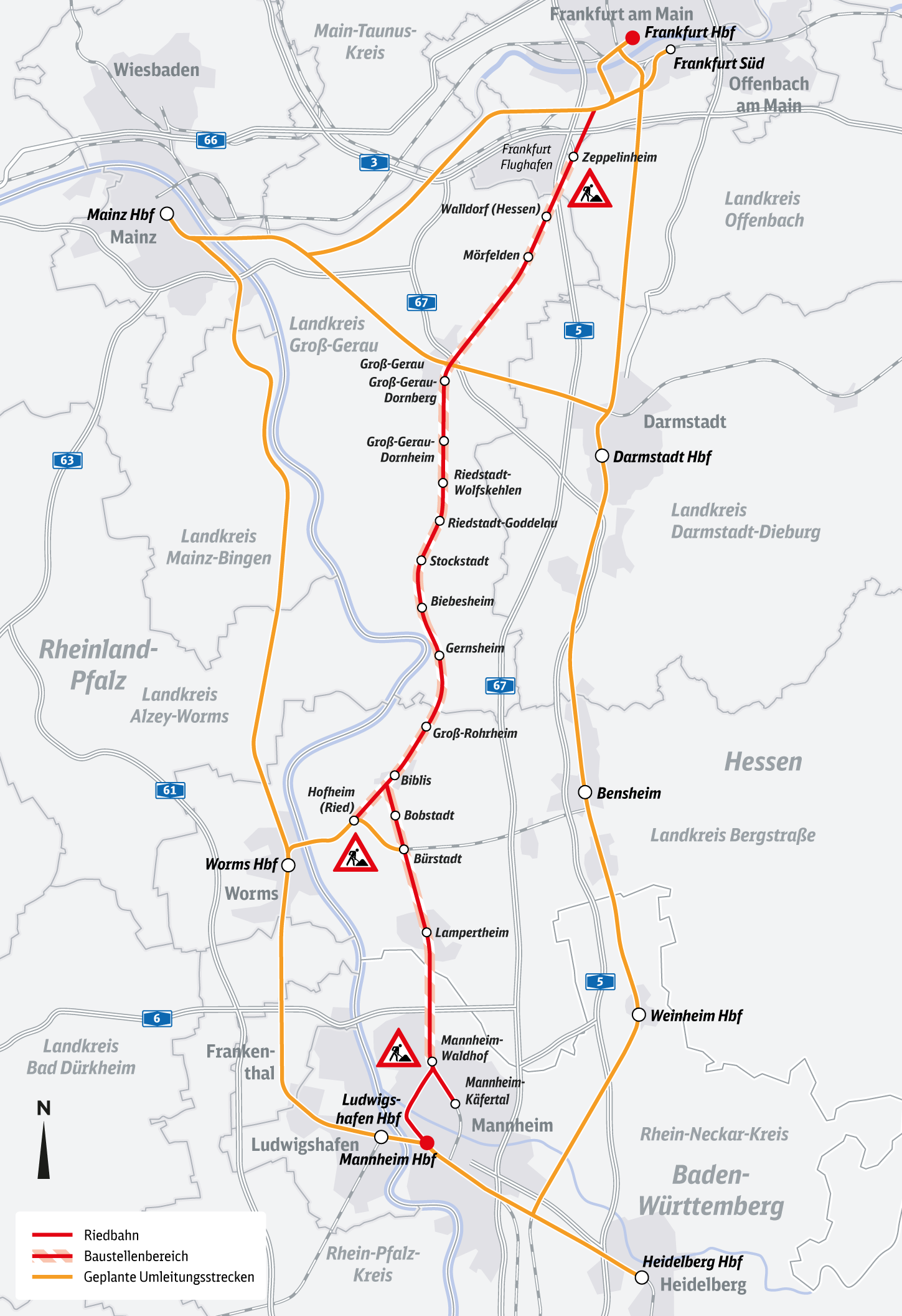 Karte Riedbahn zwischen Frankfurt am Main und Mannheim mit Umleitungsstrecken